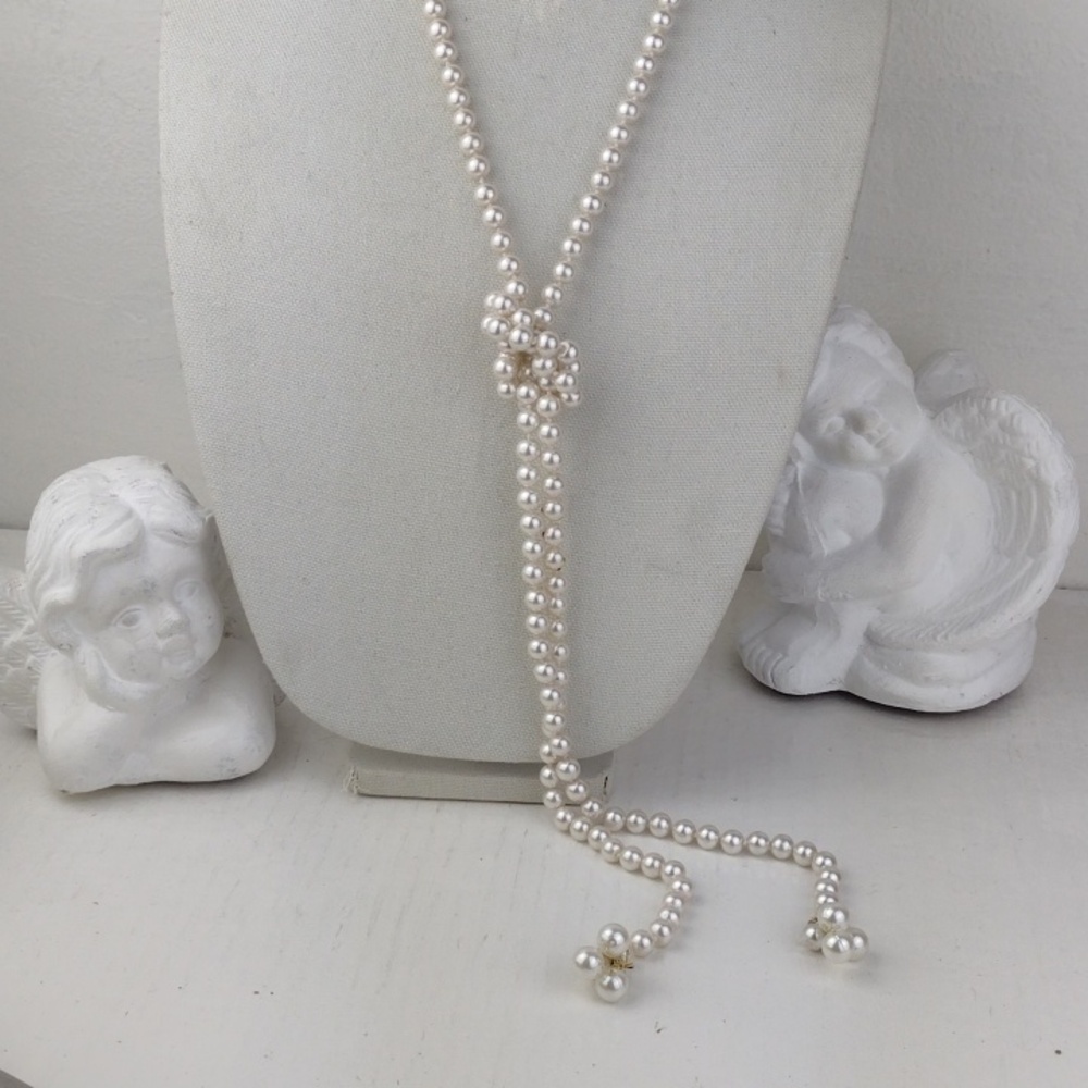 High Quality White Pearl-esque Knottable Long Lariat Necklace